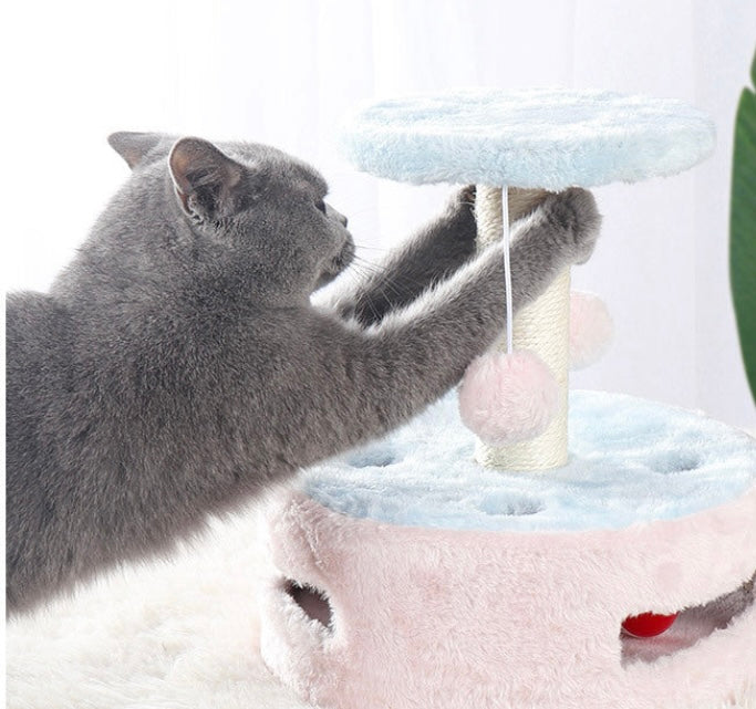 Small Multi-Function Cat Tree - Jumping Platform Scratching Post and Pink Pompoms