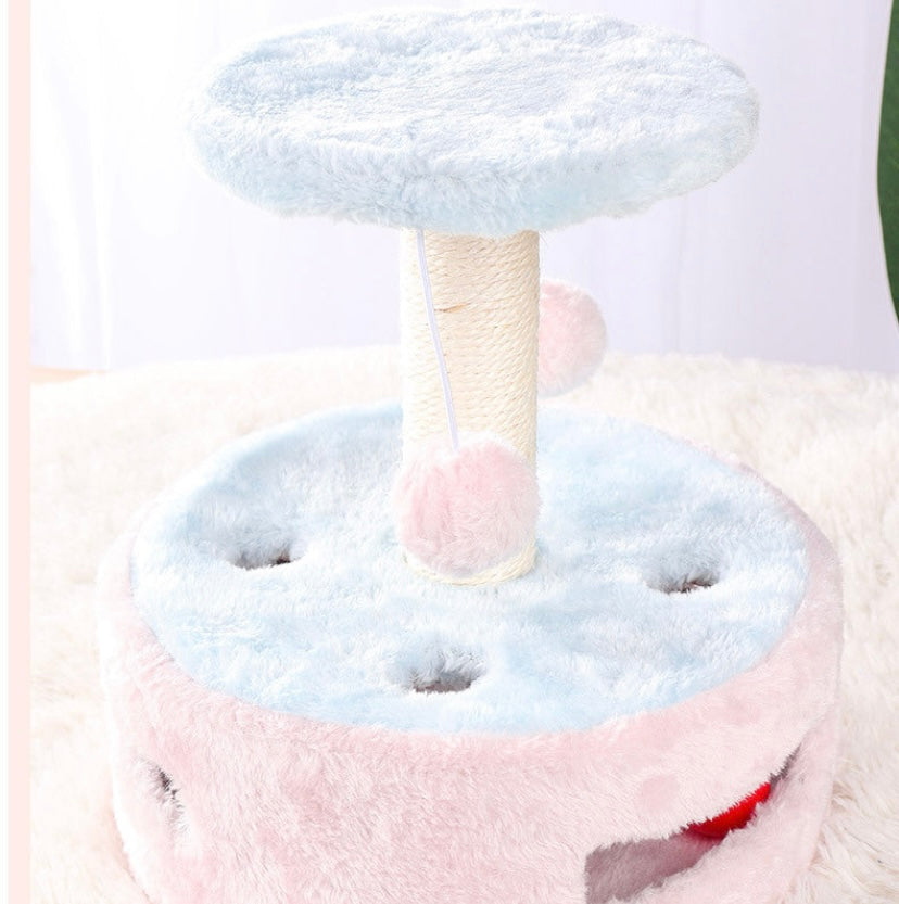 Small Multi-Function Cat Tree - Jumping Platform Scratching Post and Pink Pompoms