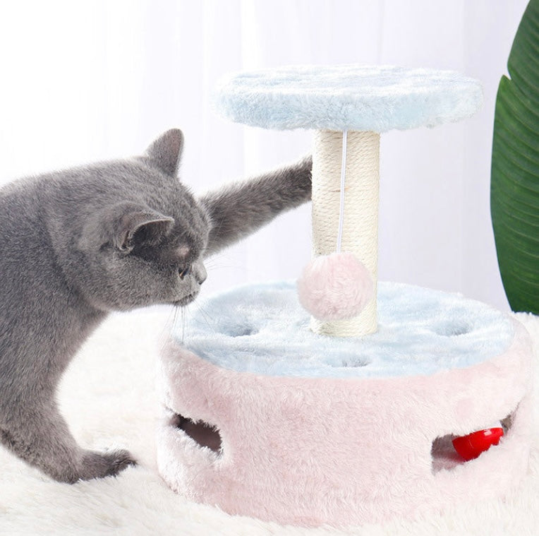 Small Multi-Function Cat Tree - Jumping Platform Scratching Post and Pink Pompoms